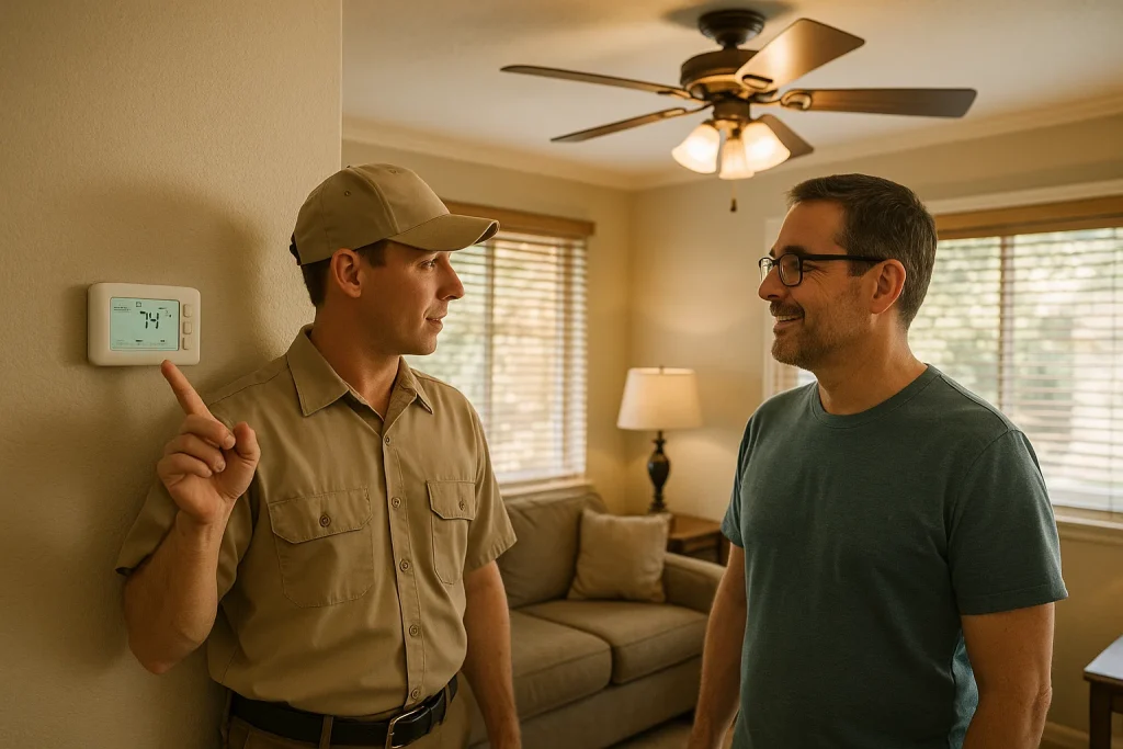 HVAC technician explaining air conditioning maintenance while adjusting a smart thermostat with homeowner in living room.