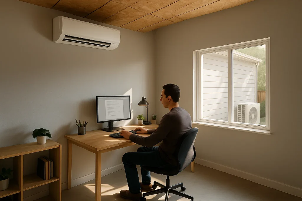 Man working at a desk beneath a wall-mounted unit during ductless mini split AC installation in a modern home office.