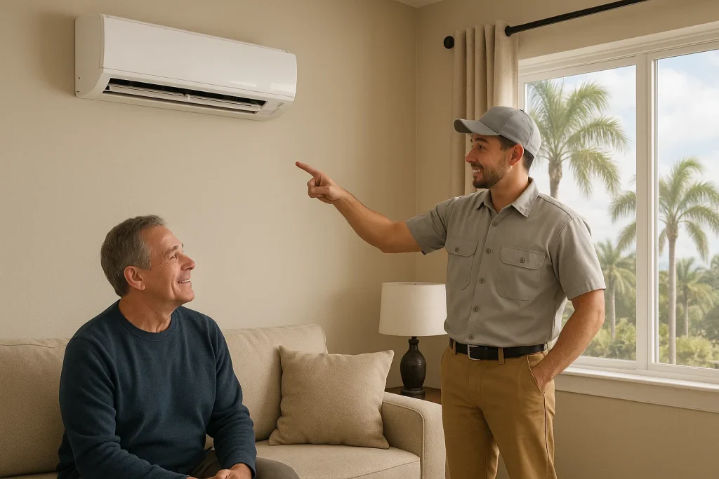 Technician explaining new heating and air replacement system to homeowner in living room.