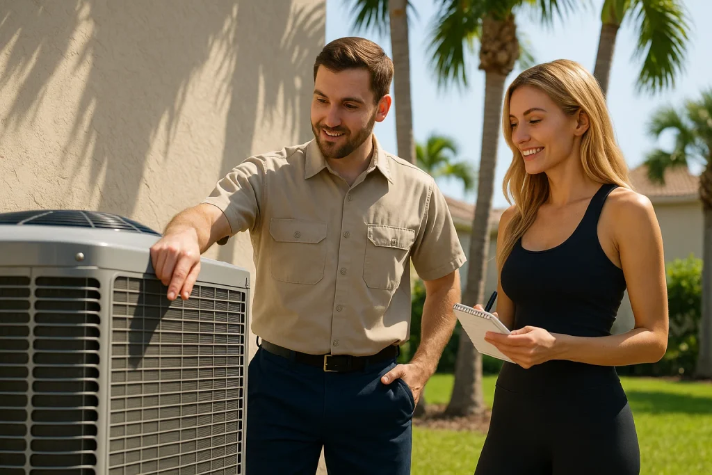 HVAC technician explaining routine AC maintenance while inspecting an outdoor air conditioning unit with homeowner taking notes.