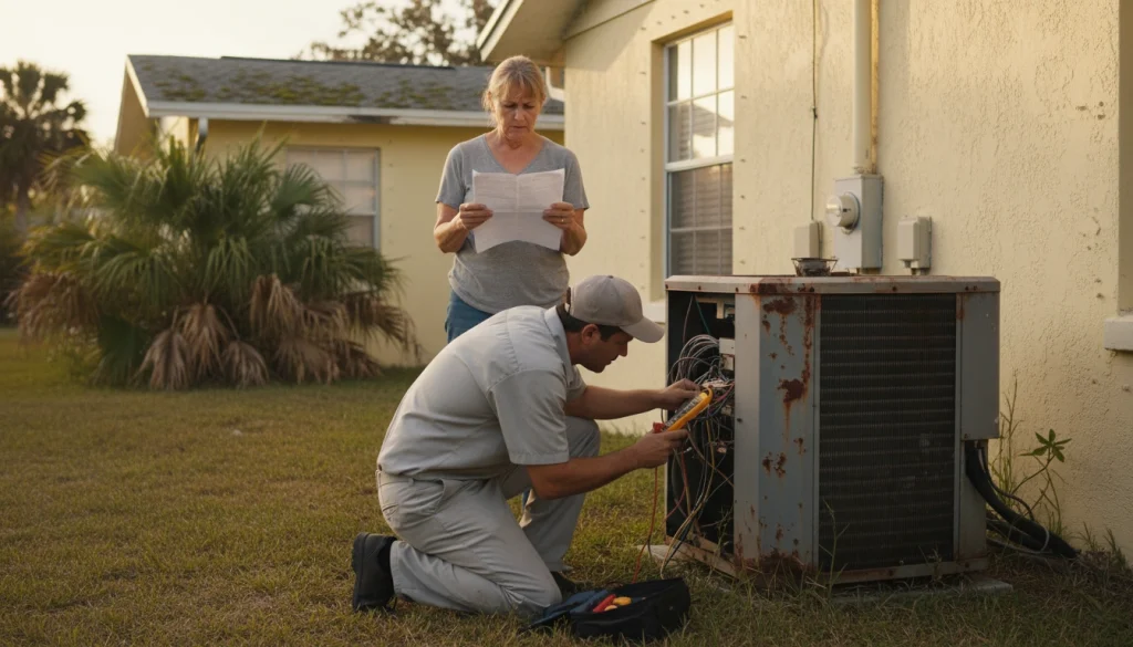 Technician performing AC installation on an outdoor air conditioner unit while homeowner reviews paperwork nearby.