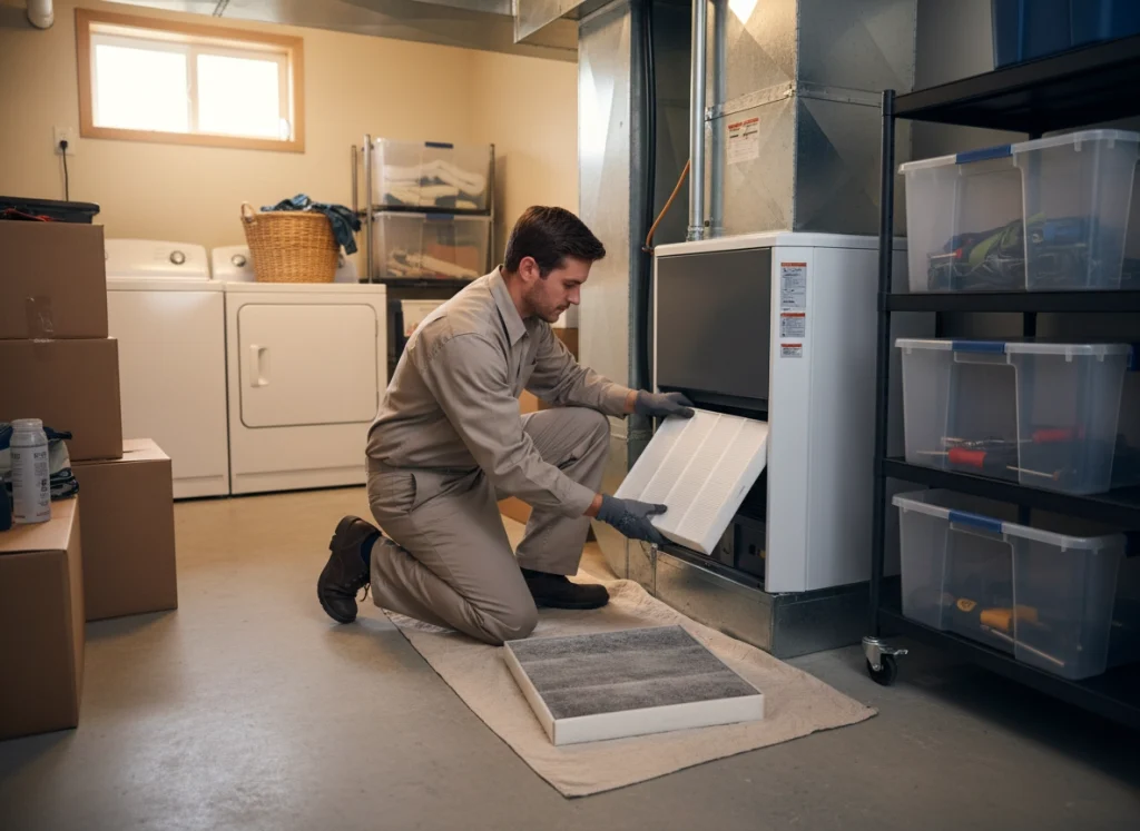 HVAC technician replacing dusty filter during air quality maintenance in utility room