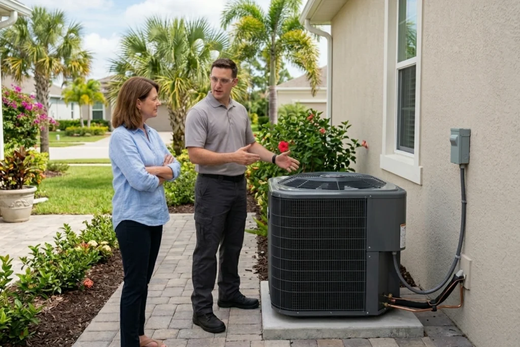 Homeowner discussing early AC repair before Naples heat wave