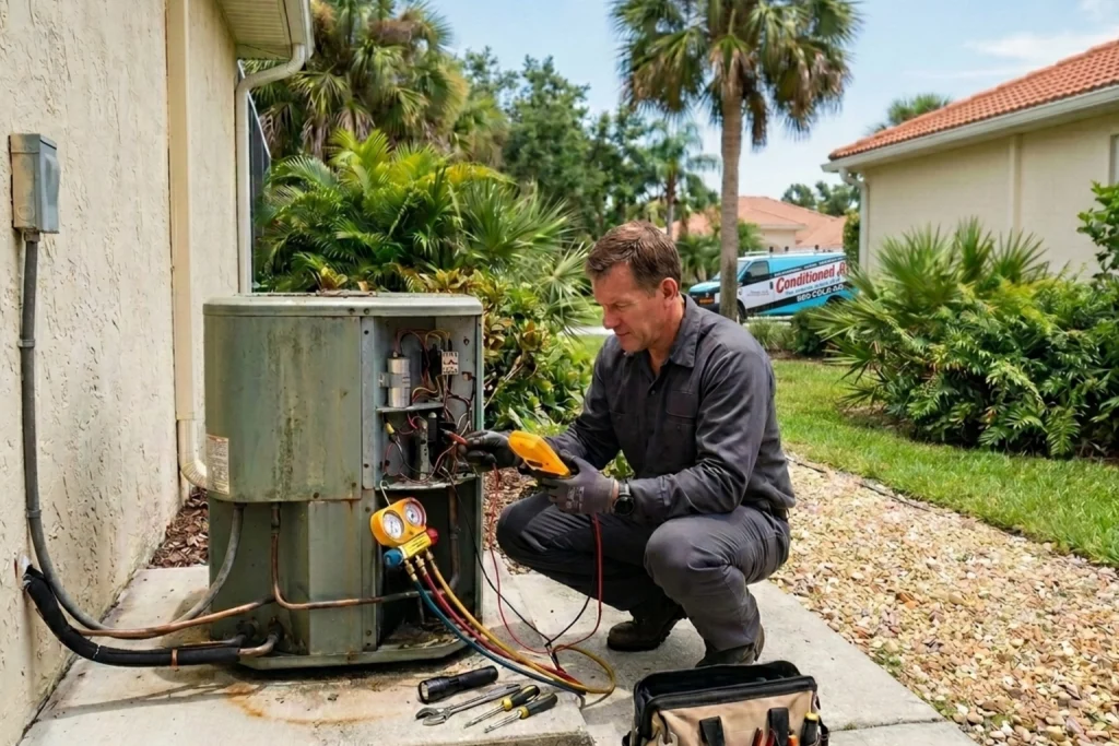 HVAC technician inspecting aging heat pump before summer