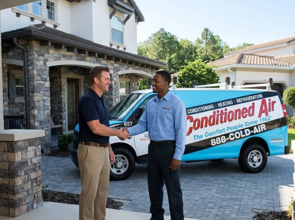 Homeowner and an HVAC technician shaking hands on the front porch